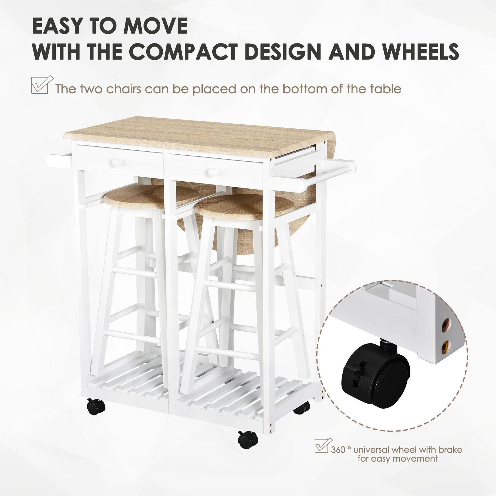 Kitchen Trolley 3 Piece Kitchen Cart Set Drop Leaf Breakfast Table and 2 Stools w/ Rolling Wheels & Towel Bars, Wood & White