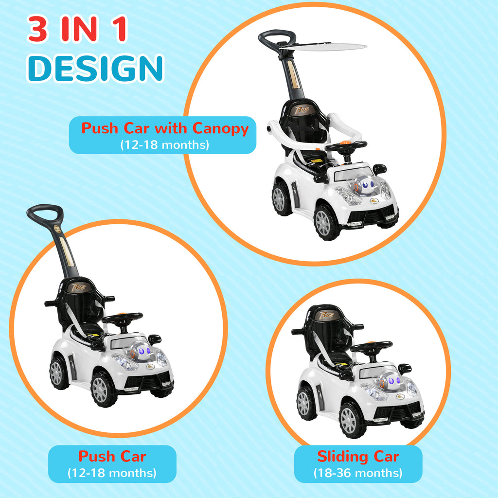ቃባ 3 ኣብ 1 ናይ ቆልዑ መግፋዕ መኪና ናይ ሕጻናት መስሓቢ መኪና፡ ብእግሪ ናብ ወለድ ዲዛይን ምስ ሙዚቃ፡ ብርሃን፡ መያዝ፡ ዝተነቅዕ ሽርሽርታ፡ ጻዕዳ