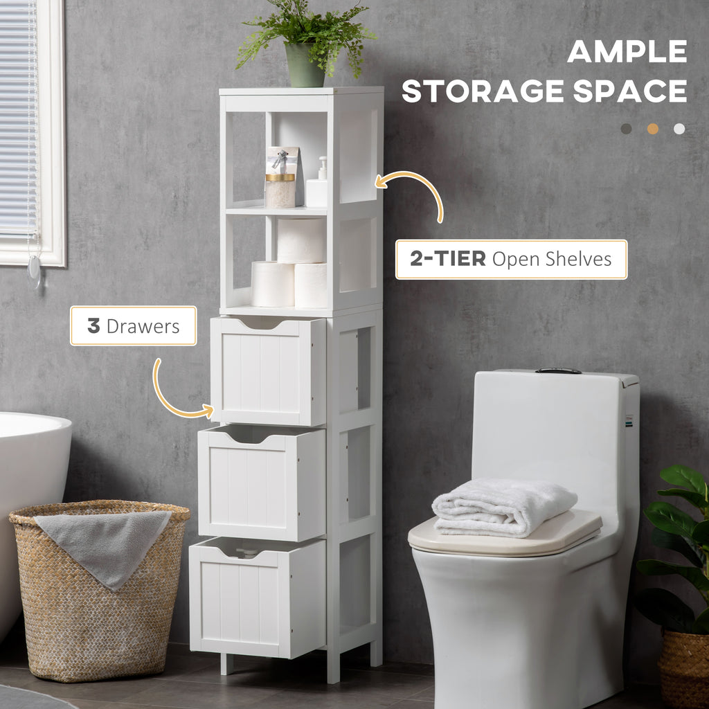 Narrow Bathroom Cabinet with 3 Drawers and 2 Tier Shelf, Tall Cupboard Freestanding Linen Tower, White