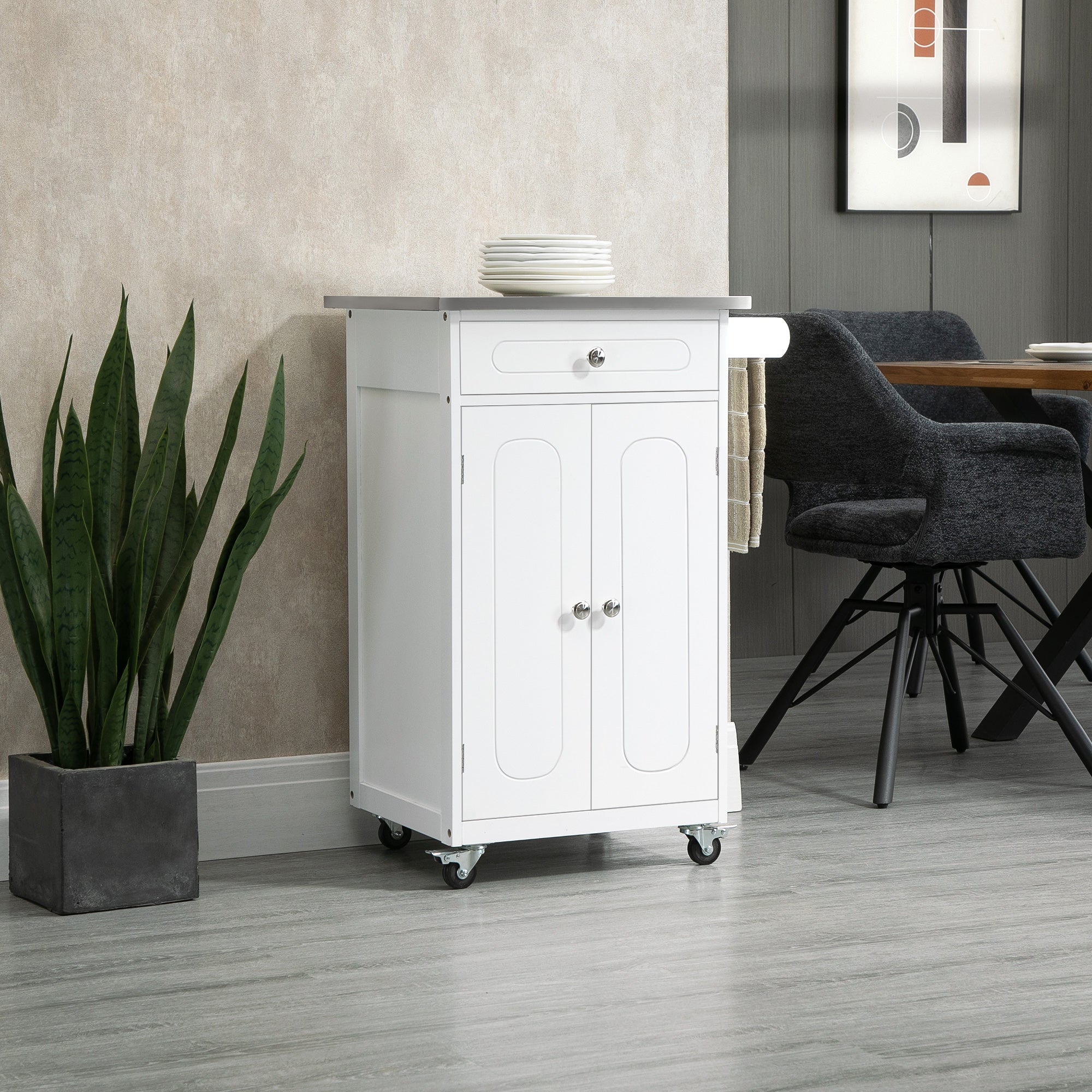 Kitchen Cart, Small Kitchen Island, Stainless Steel Top Utility Trolley on Wheels with Storage Drawer for Dining Room, Kitchen (White)