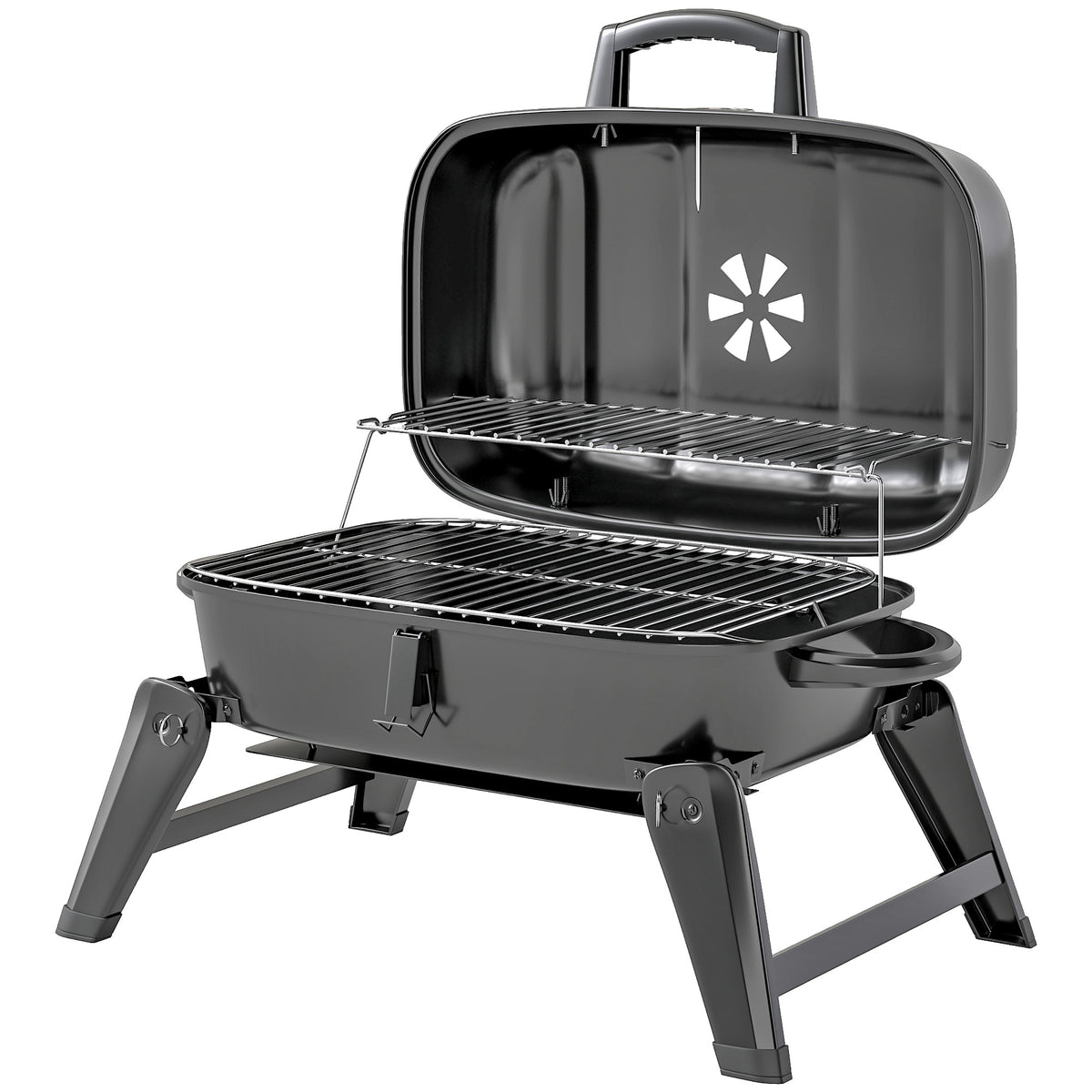 Charcoal BBQ Grill, Foldable Barbecue Grill with Warming Rack, Adjustable Vent, Thermometer, Handles, Black