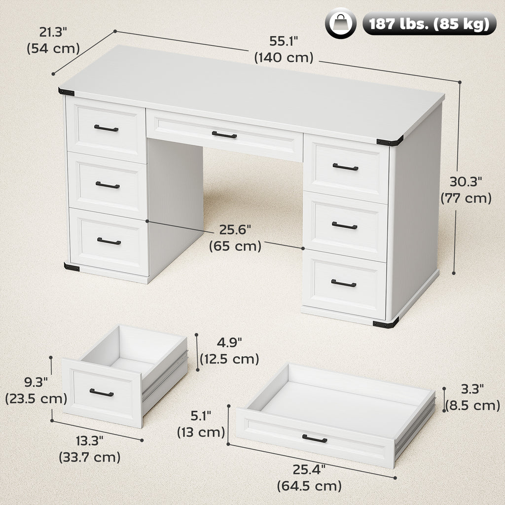 55" Computer Desk with 7 Drawers, Farmhouse Executive Desk for Home Office, Study, Bedroom, Black Wood Grain