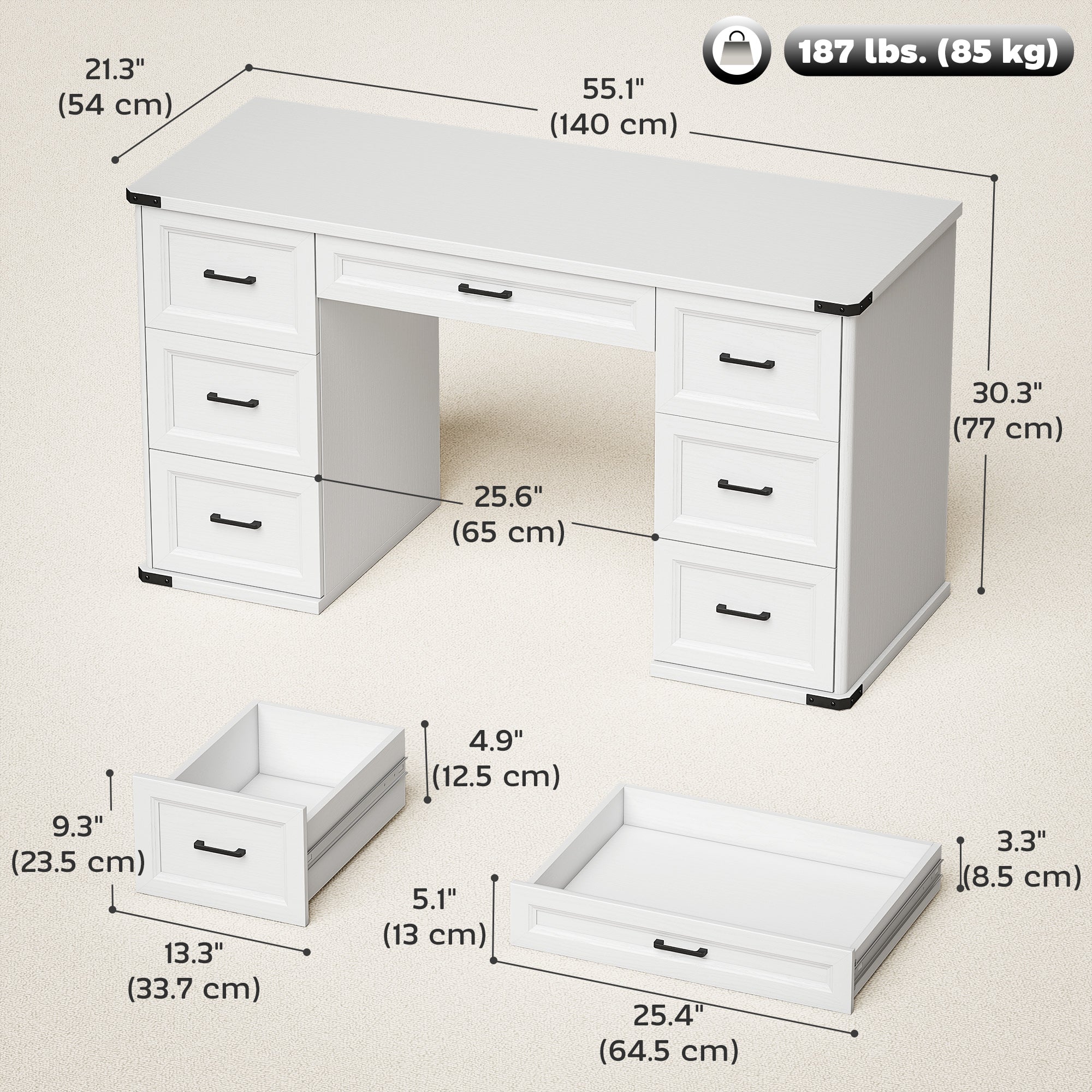 55" Computer Desk with 7 Drawers, Farmhouse Executive Desk for Home Office, Study, Bedroom, Black Wood Grain