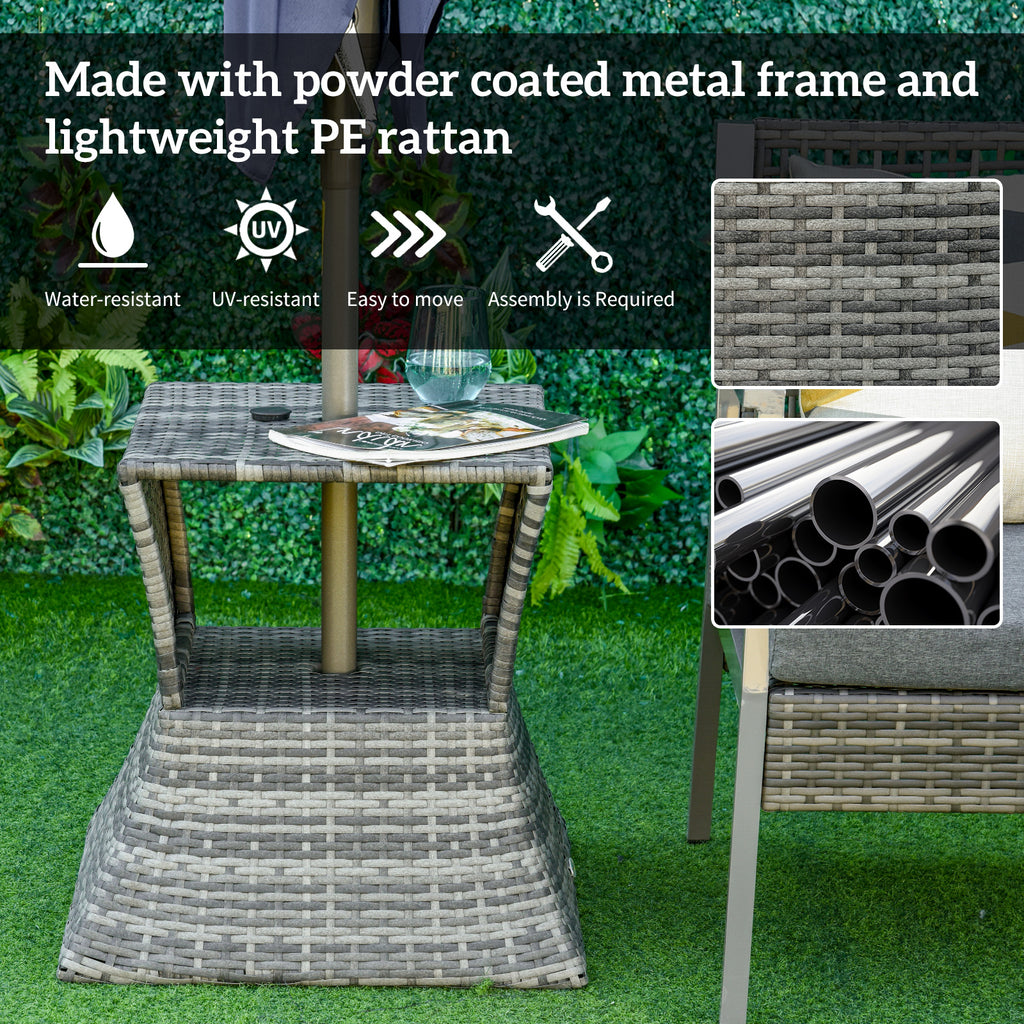 Rattan Wicker Side Table, 21.3" Square Outdoor End Table with Umbrella Hole 2-Tier Storage for Patio Garden Mixed Brown