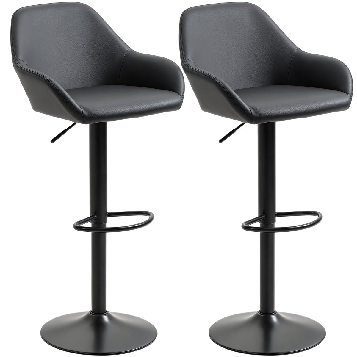 Adjustable Bar Stools Set of 2, Swivel Barstools with Footrest and Back, PU Leather and Steel Round Base, Black