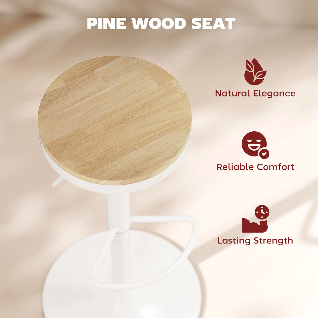 Wood Barstools Set of 2, Swivel Bar Stools with Adjustable Height for Kitchen Counter, Natural Wood and White