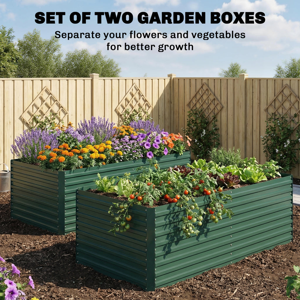 Set of 2 Galvanised Raised Garden Bed, 6 x 3 x 2 ft Metal Garden Bed with Safe Edging, Green