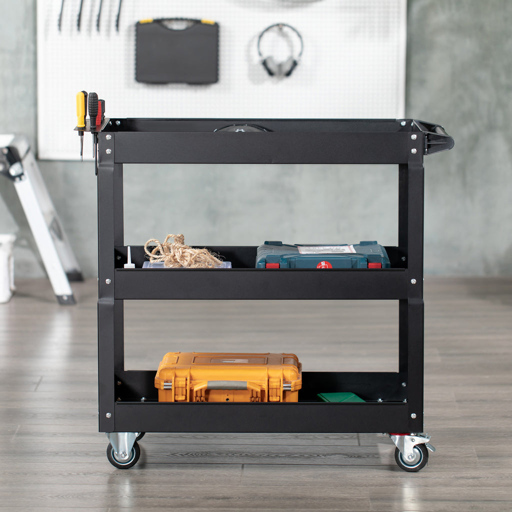 3 Tier Rolling Tool Cart with Wheels, 330 LBS Capacity Heavy Duty Utility Cart, Mobile Service Cart for Garage, Black