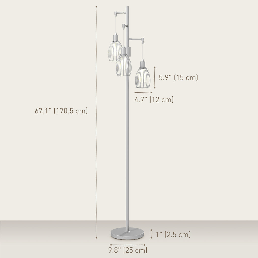 Industrial Floor Lamp with 3 Hanging Wire Lampshades, Dimmable Standing Lamp for Living Room, Silver