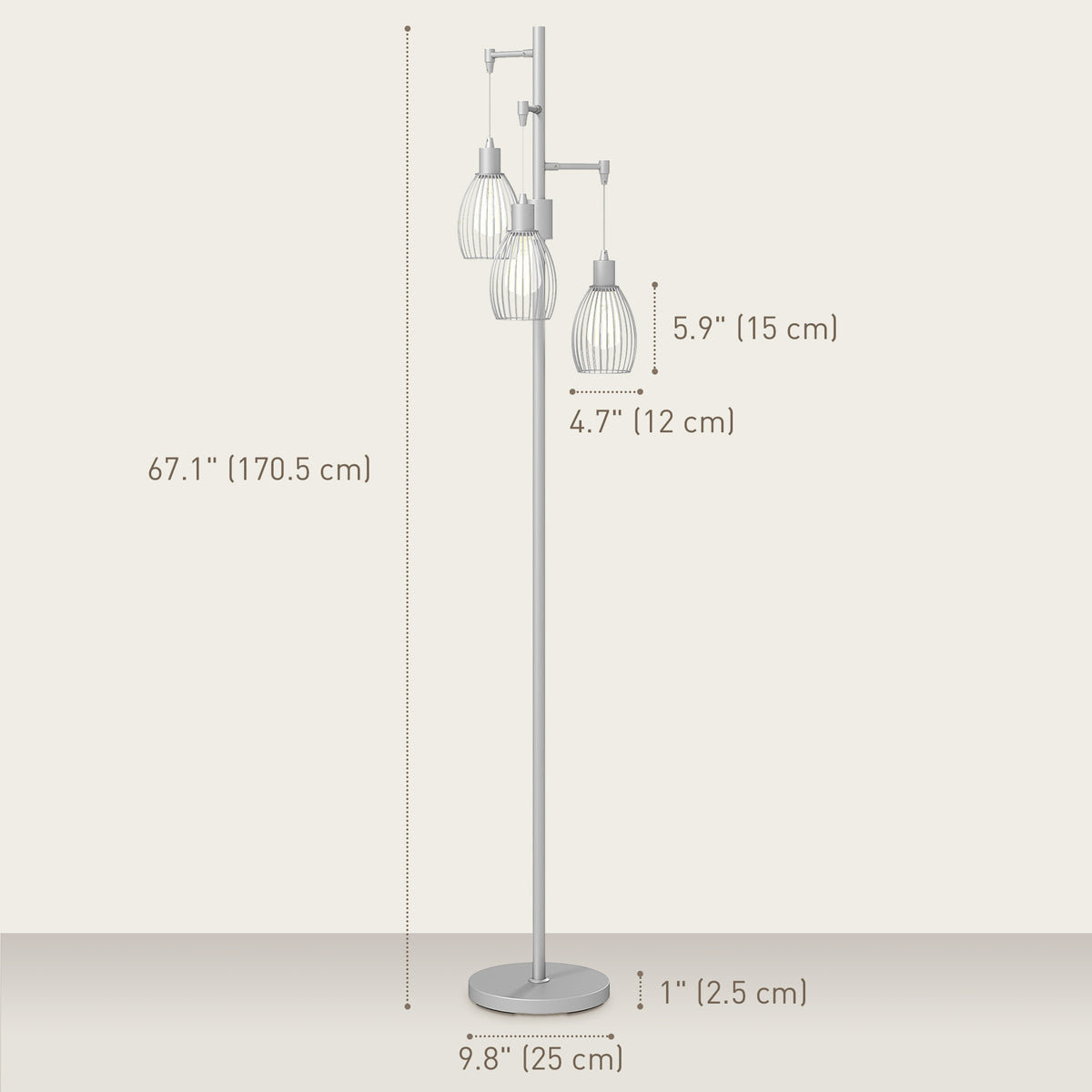 Industrial Floor Lamp with 3 Hanging Wire Lampshades, Dimmable Standing Lamp for Living Room, Silver