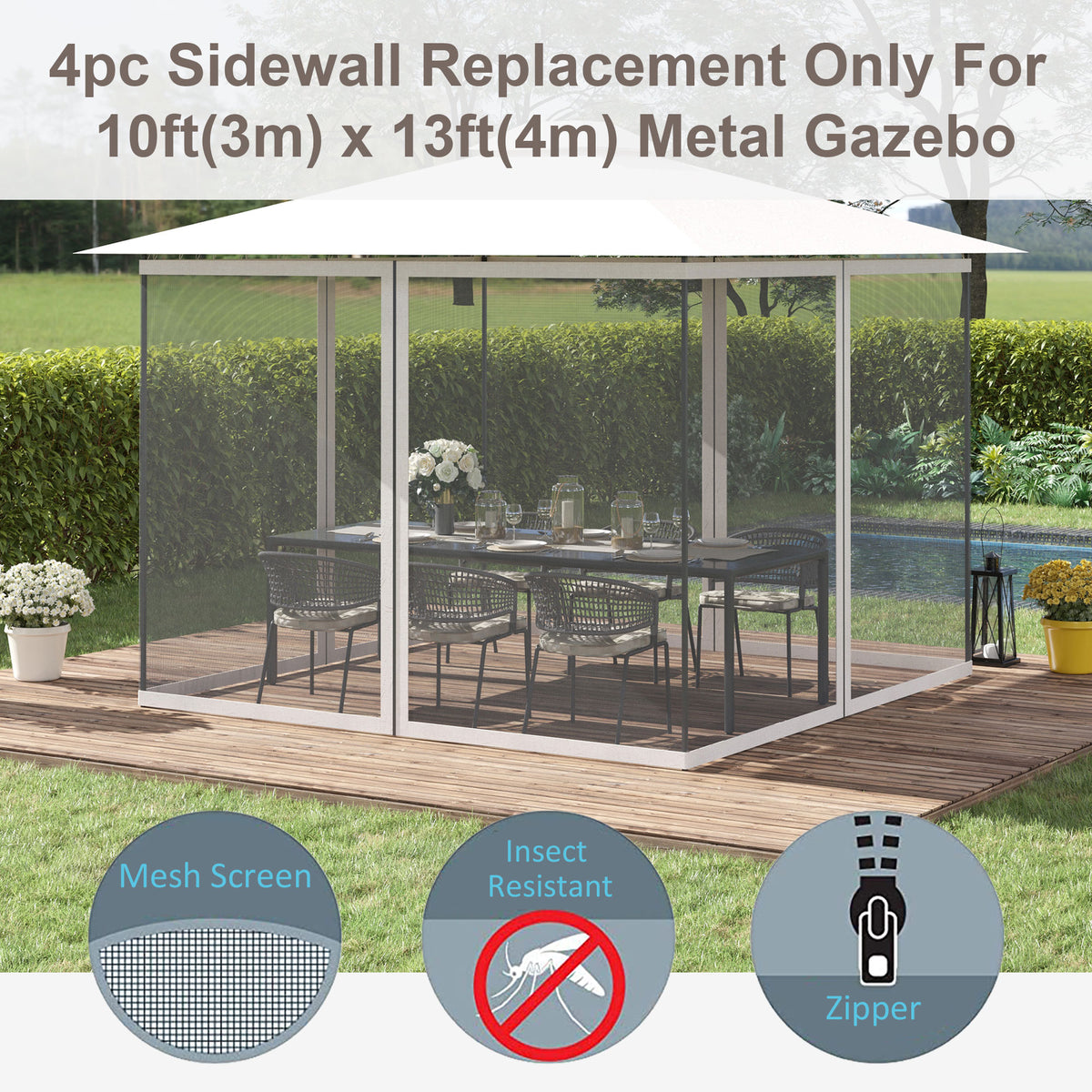 Replacement Mosquito Netting for Gazebo 10' x 12' Black Screen Walls for Canopy with Zippers, White