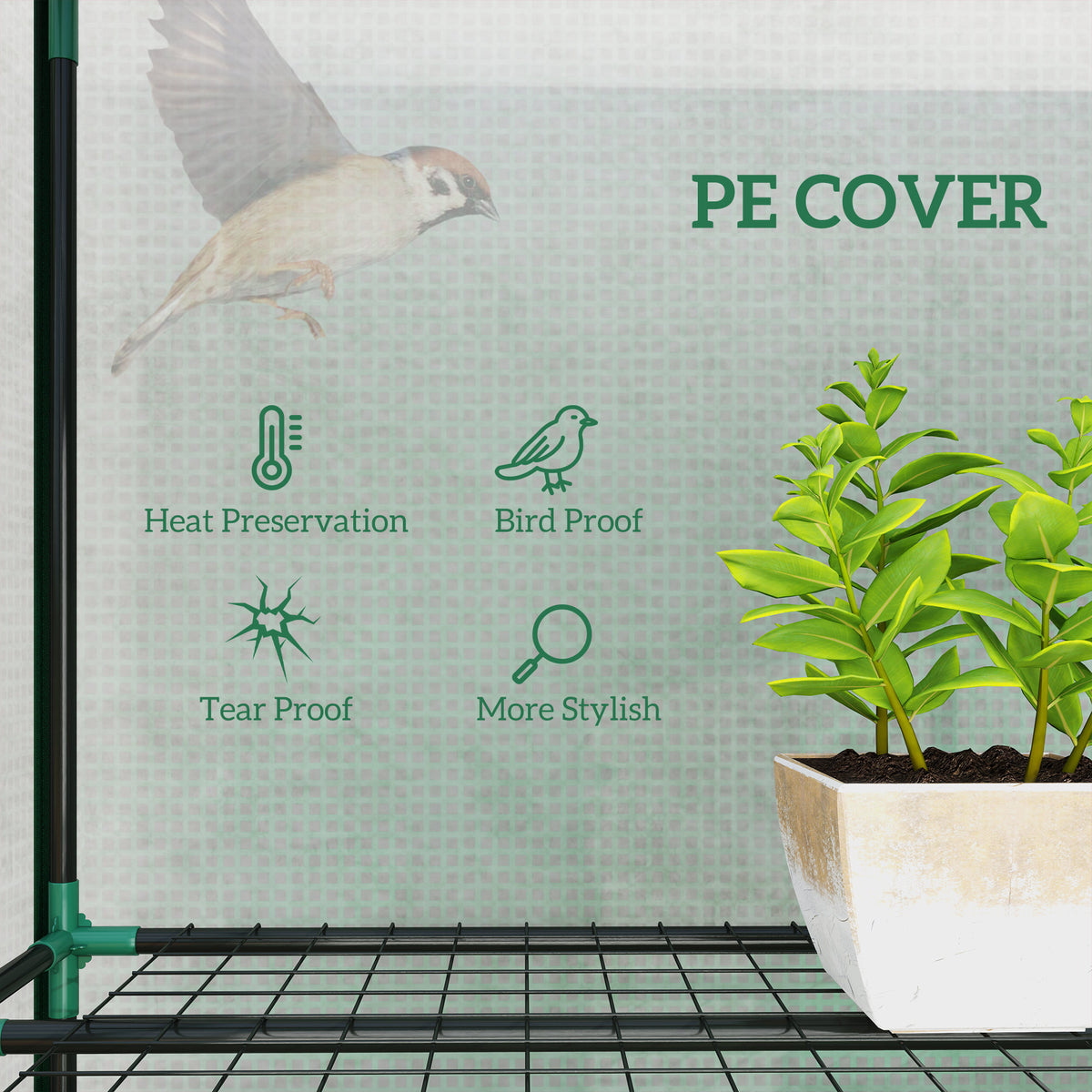 Lean-to Greenhouse with 3 Tier Shelves, Mini Greenhouse with 3 Roll-Up Doors for Indoor Outdoor, Green