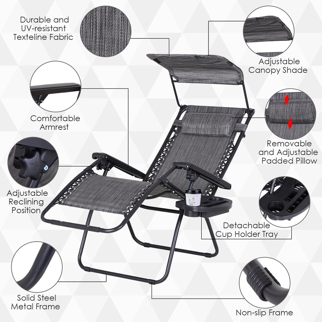Zero Gravity Chair Set of 2 with Canopy Shade, Outdoor Folding Lounge Chair with Side Tray, Cup Holder, Reclining Lounger with Breathable Mesh Seat and Pillow, Dark Grey