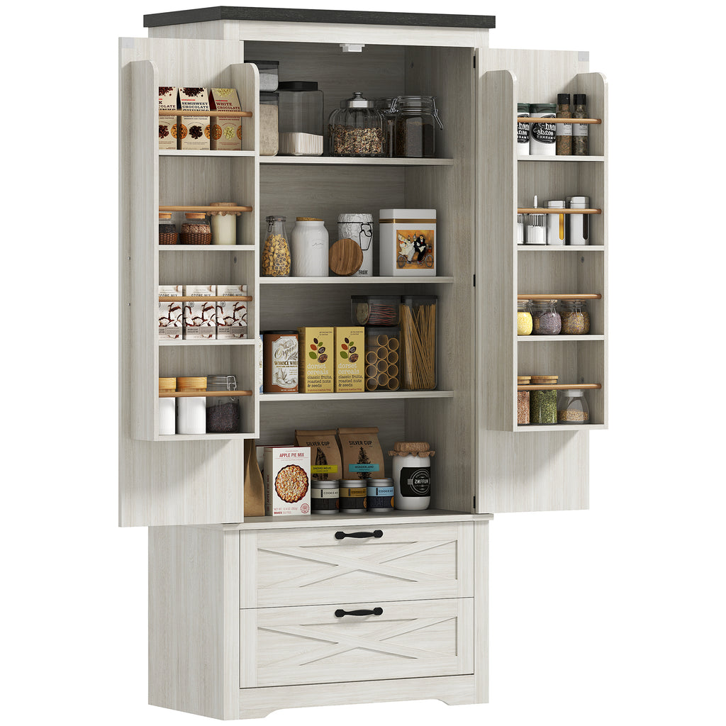 Farmhouse Kitchen Pantry Storage Cabinet, 64" Freestanding Kitchen Pantry Cabinet with Drawers, Distressed White