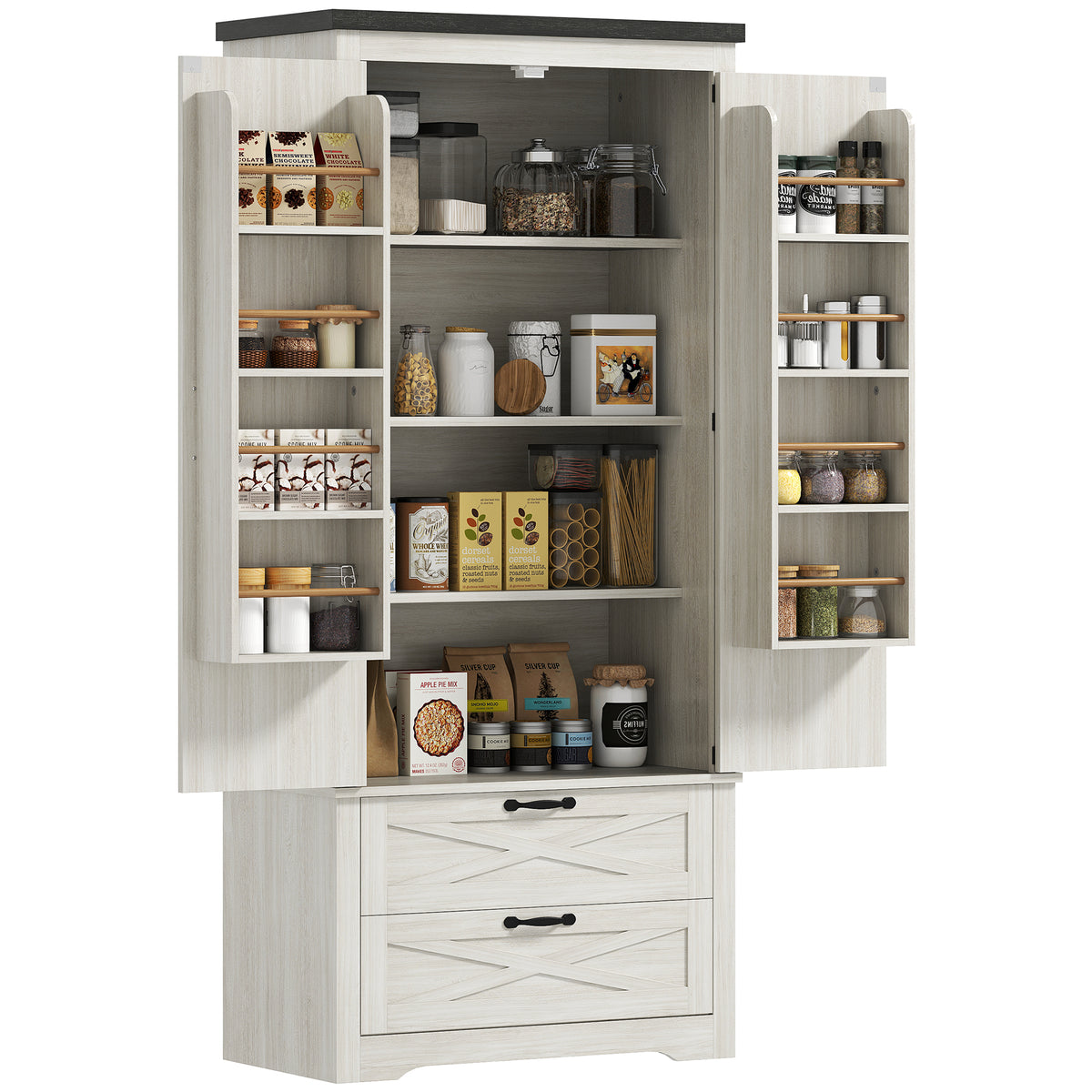 Farmhouse Kitchen Pantry Storage Cabinet, 64" Freestanding Kitchen Pantry Cabinet with Drawers, Distressed White