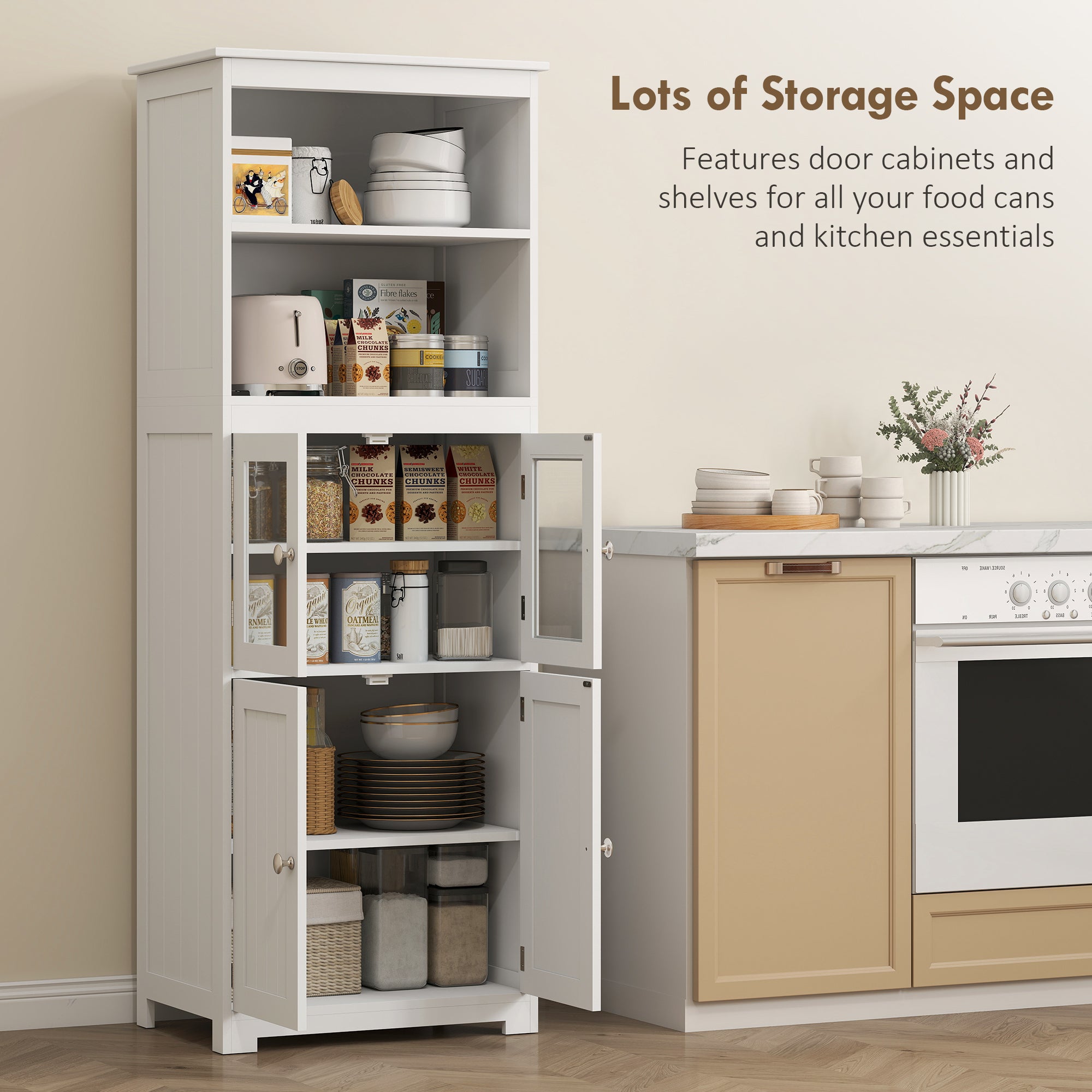 63" Small Buffet with Hutch, 4-Door Kitchen Pantry, Freestanding Storage Cabinet with Adjustable Shelf for Dining Room, Living Room, White