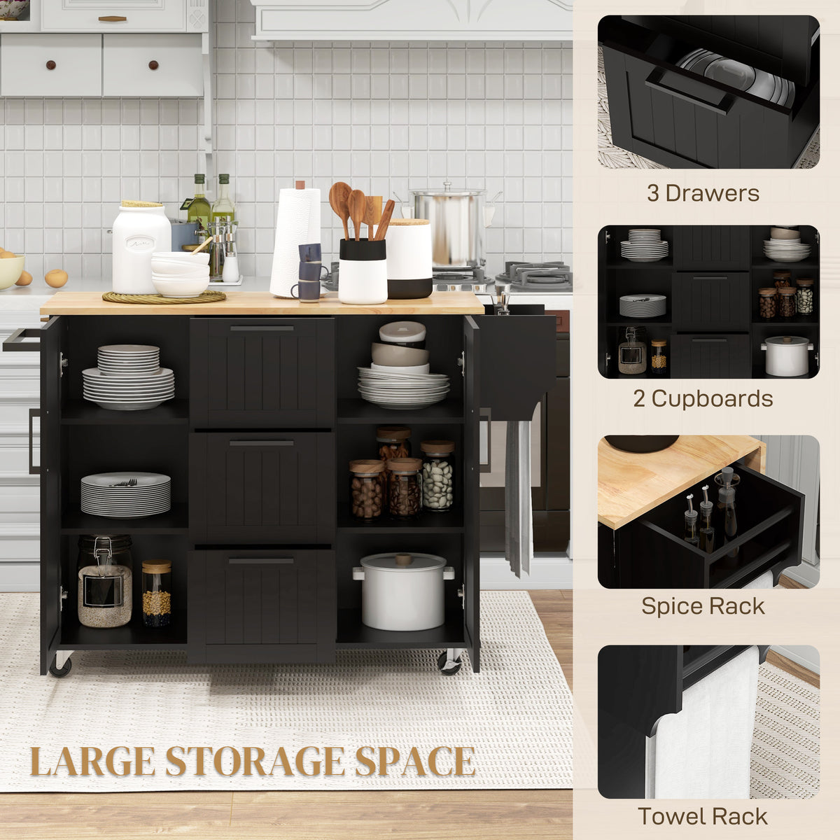 Rolling Kitchen Cart on Wheels with Drop Leaf, Kitchen Island with 3 Drawers, Solid Wood Top and Towel Rack, White