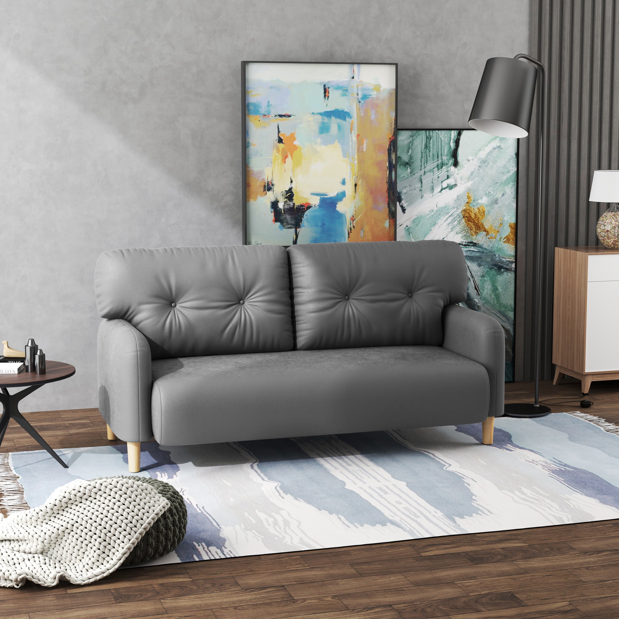 58" 2 Seat Sofa, Modern Love Seats Furniture, Upholstered 2 Seater Couch, Solid Wood Frame, Grey