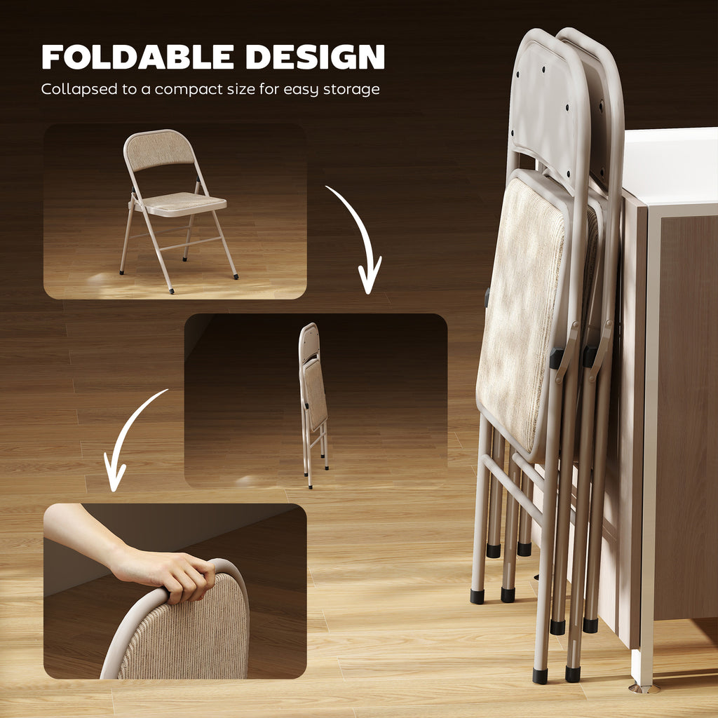 Set of 6 Metal Foldable Chairs, Faux Linen Padded Folding Chairs with Cushion Seat and Open Back for Indoor, Beige