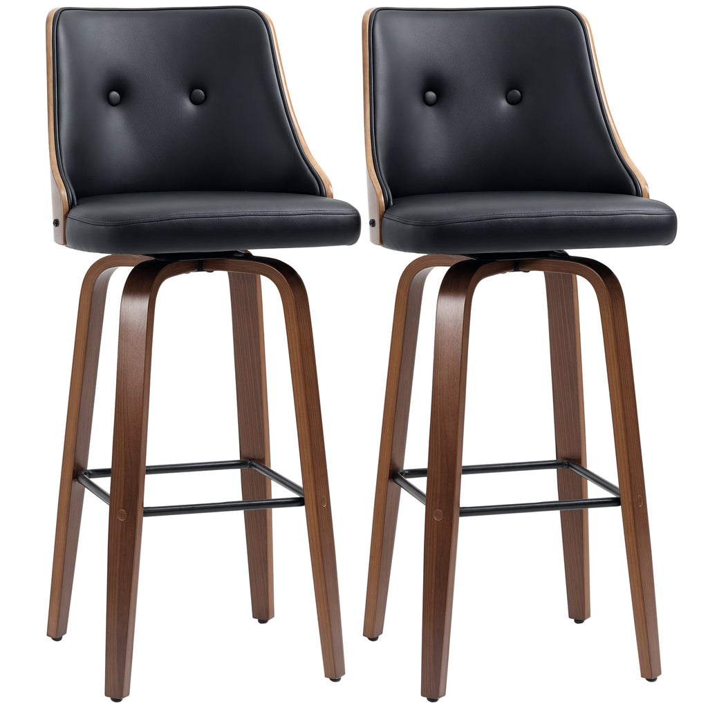 Bar Height Bar Stools Set of 2, PU Leather Upholstered Swivel Barstools with Solid Wood Legs Footrest and Tufted Back, Black
