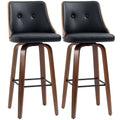 Bar Height Bar Stools Set of 2, PU Leather Upholstered Swivel Barstools with Solid Wood Legs Footrest and Tufted Back, Black