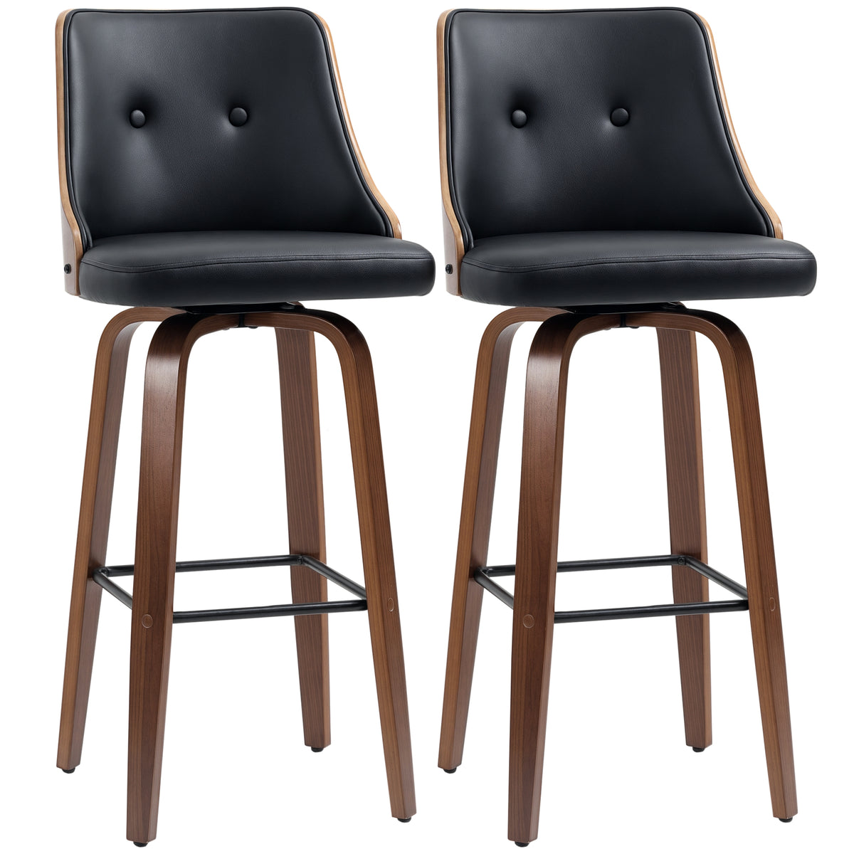 Bar Height Bar Stools Set of 2, PU Leather Upholstered Swivel Barstools with Solid Wood Legs Footrest and Tufted Back, Black