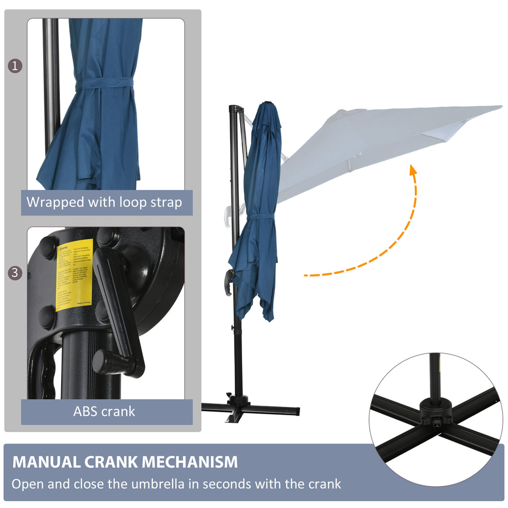 8' x 8' Square Patio Hanging Offset Umbrella with 360° Rotation, Aluminum Outdoor Cantilever Parasol with Crank & Tilt, Sun Canopy Shelter with Cross Base, Dark Blue