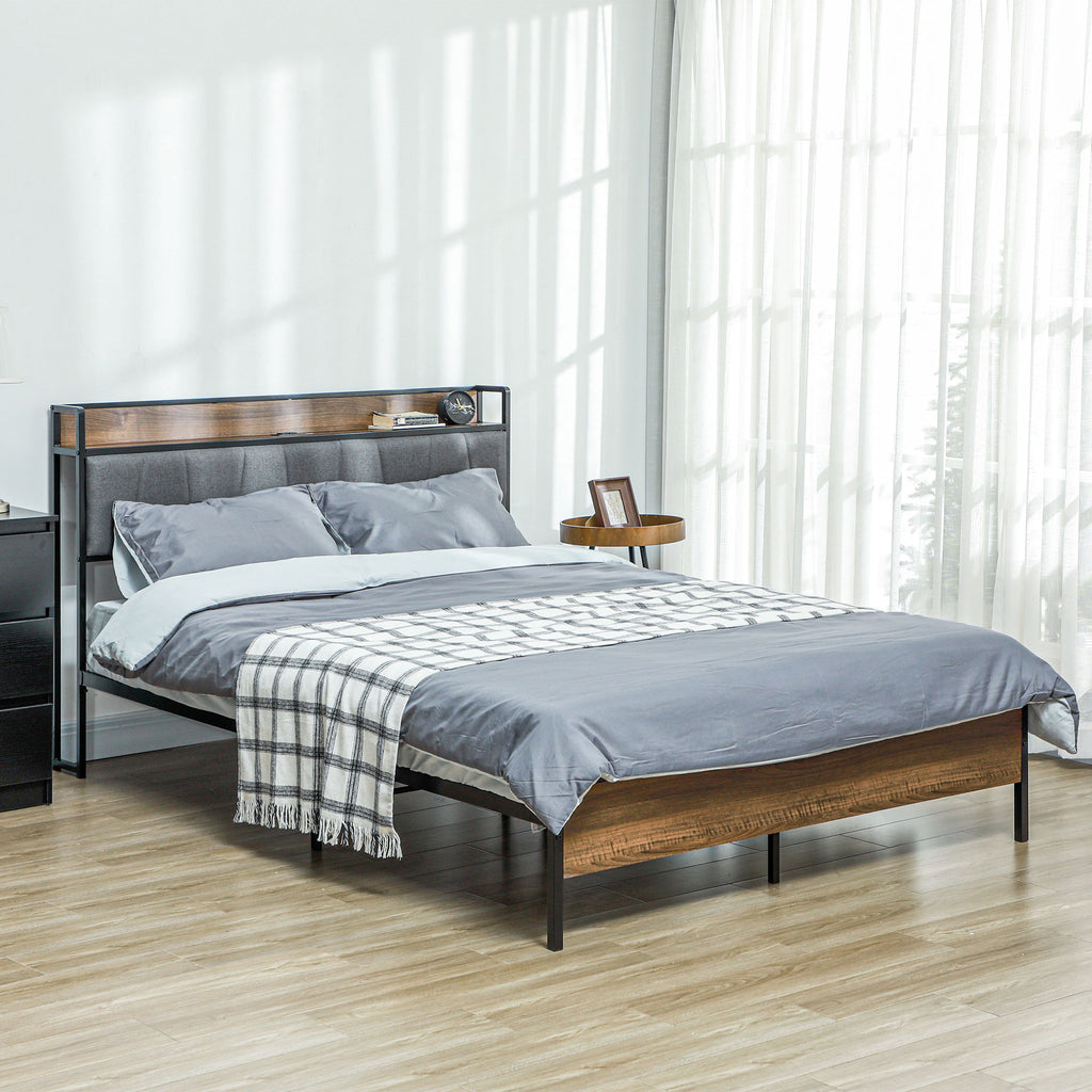 Queen Size Bed Frame with Charging Station, Queen Bed Frame with Upholstered Headboard and Storage Shelf, Walnut
