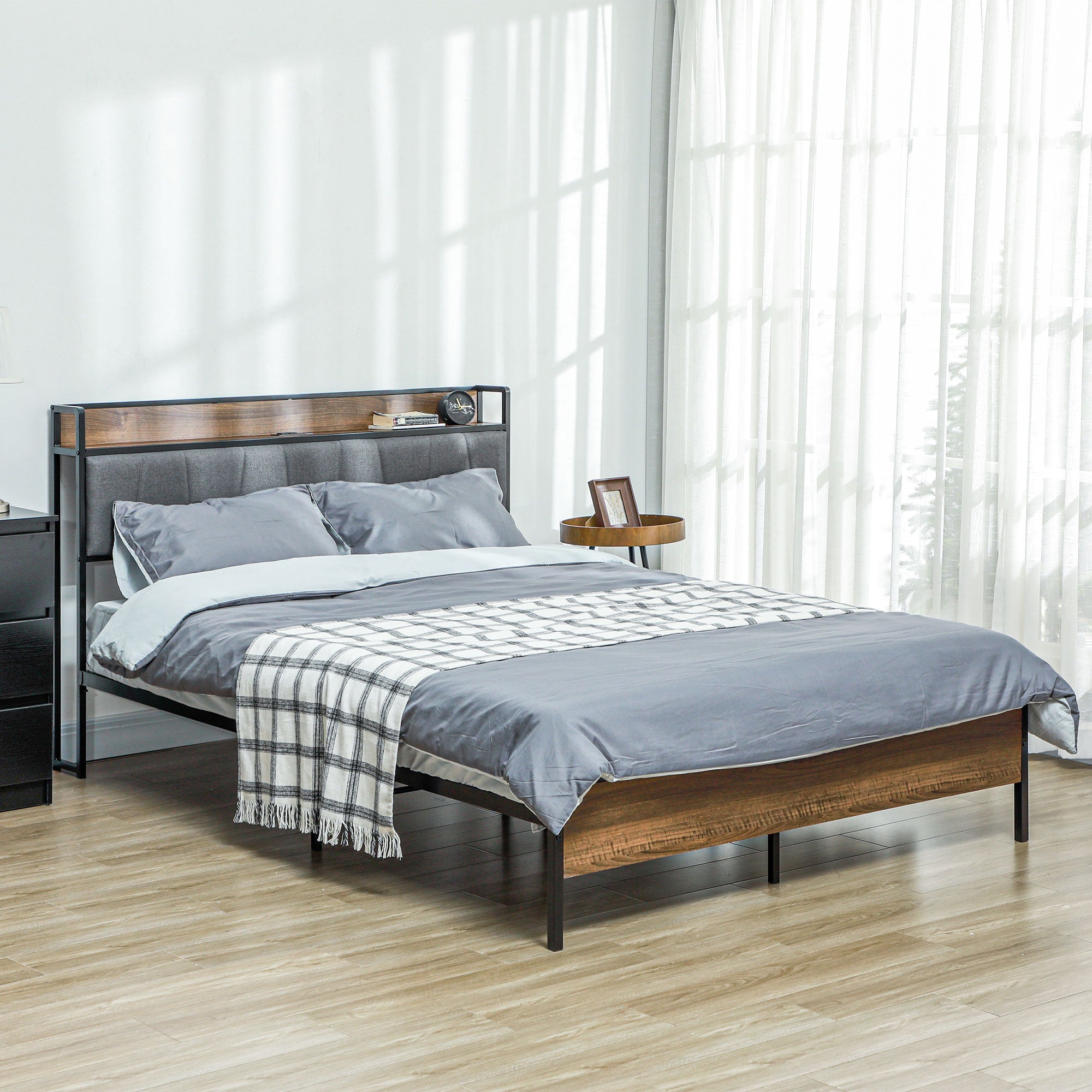 Queen Size Bed Frame with Charging Station, Queen Bed Frame with Upholstered Headboard and Storage Shelf, Walnut