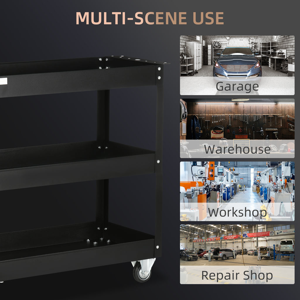 3 Tier Rolling Tool Cart with Wheels, 330 LBS Capacity Heavy Duty Utility Cart, Mobile Service Cart for Garage, Black
