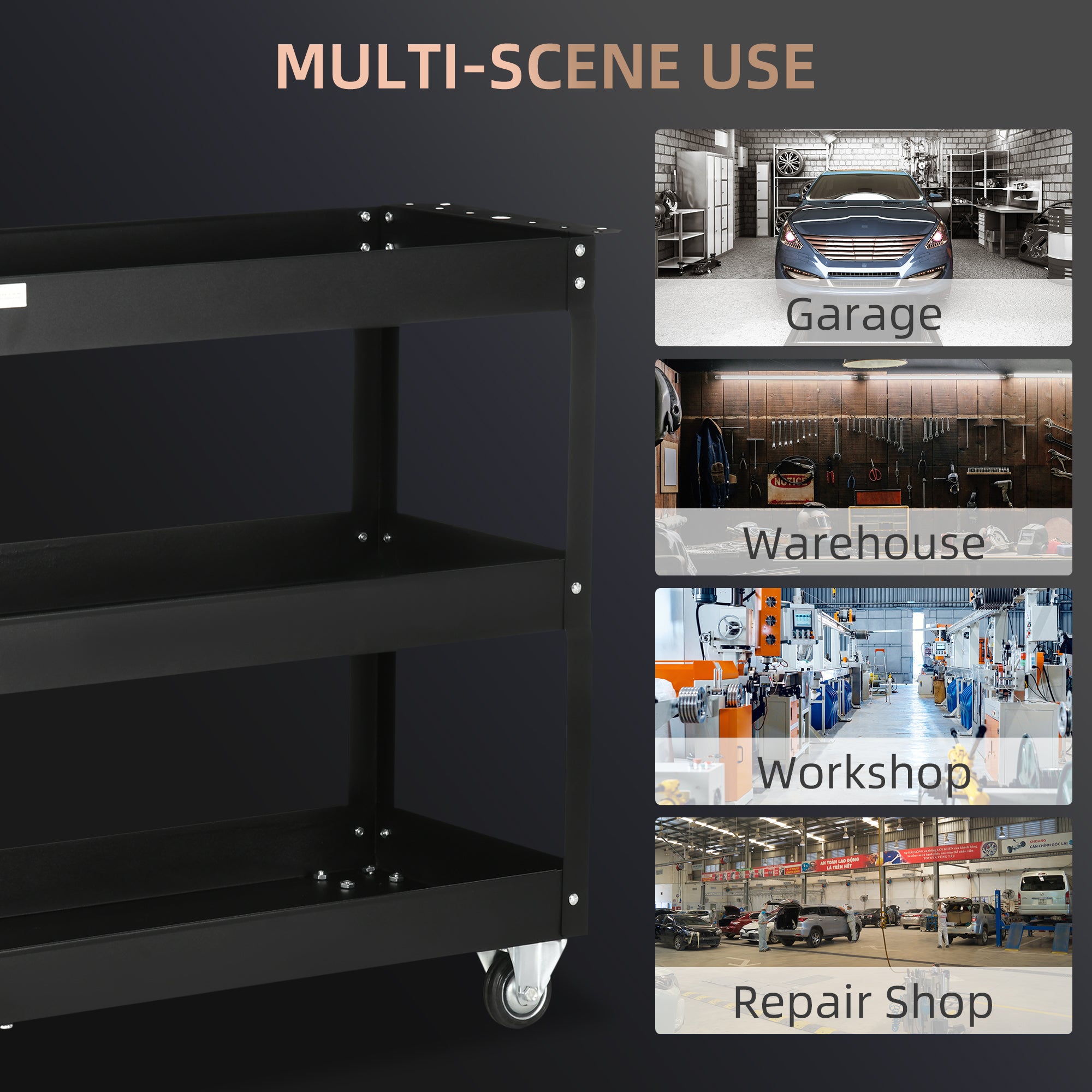 3 Tier Rolling Tool Cart with Wheels, 330 LBS Capacity Heavy Duty Utility Cart, Mobile Service Cart for Garage, Black