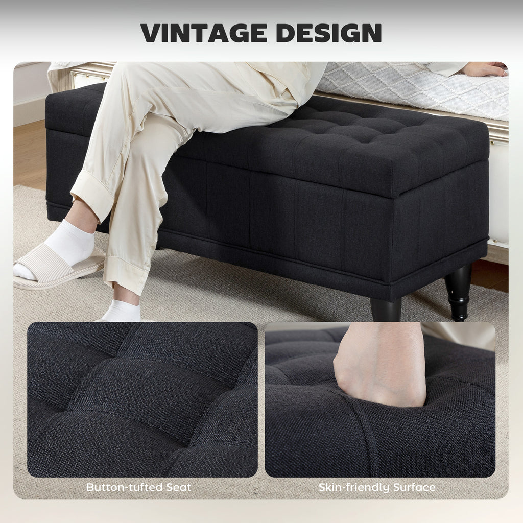 Storage Ottoman, Linen Fabric End of Bed Bench with Button Tufted Storage Bench for Bedroom, Blue