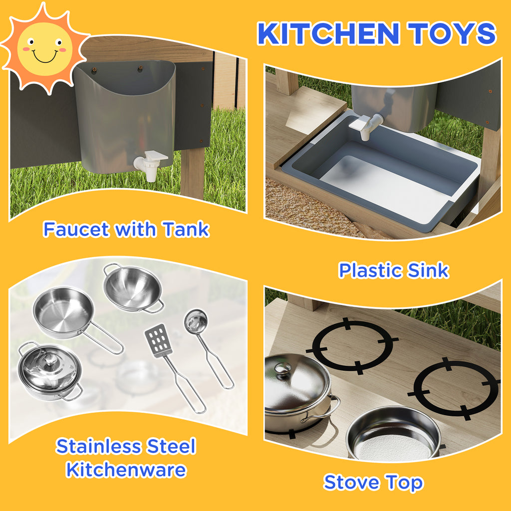 Kids Sandbox with Cover Kitchen Playset Toys, Wooden Sand Box with Seat, Storage, for 3-7 Years Old, Natural Wood
