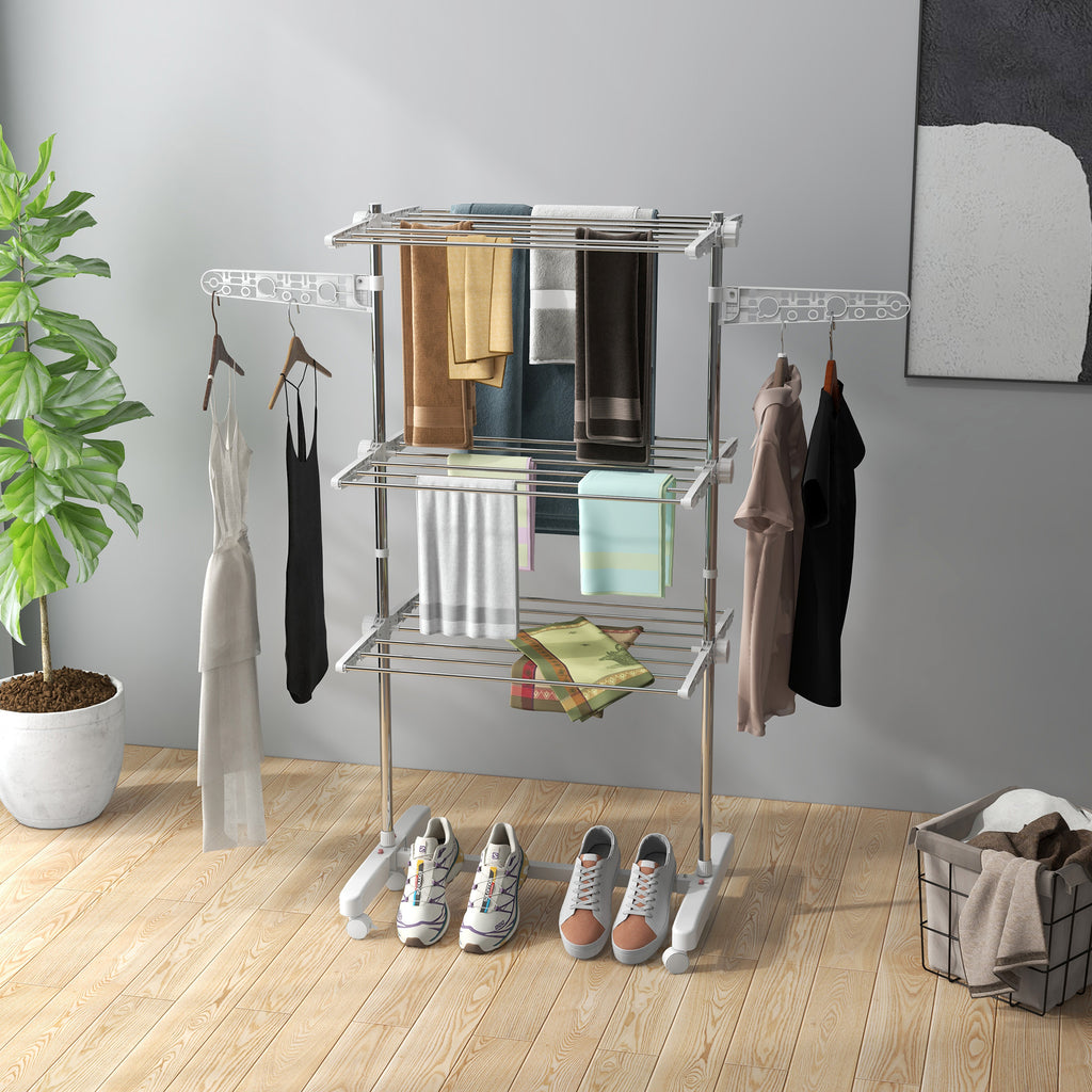 3-Tier Foldable Clothes Drying Rack, Stainless Steel Laundry Rack with 2 Side Wings and 6 Castors, Collapsible Adjustable Clothes Airer for Indoor Outdoor, White