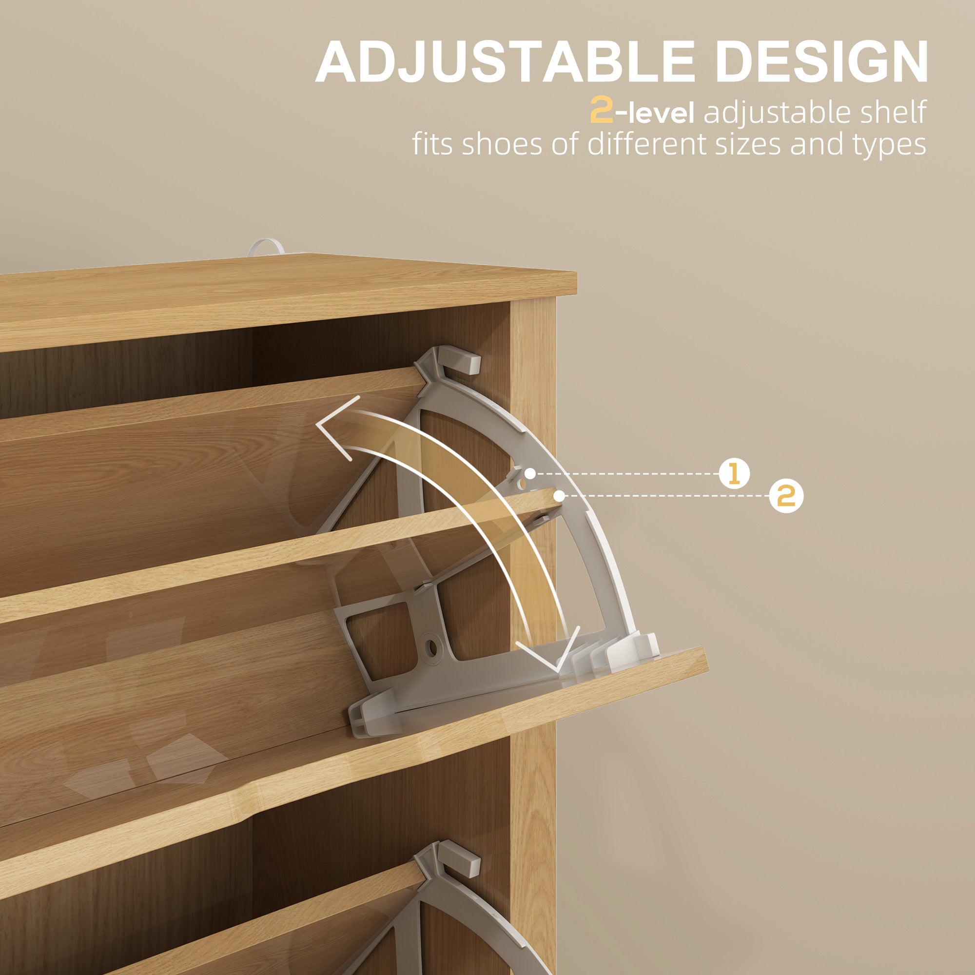 Shoe Storage Cabinet with 2 Flip Drawers and Adjustable Shelves for 8–12 Pairs of Shoes, Natural Wood