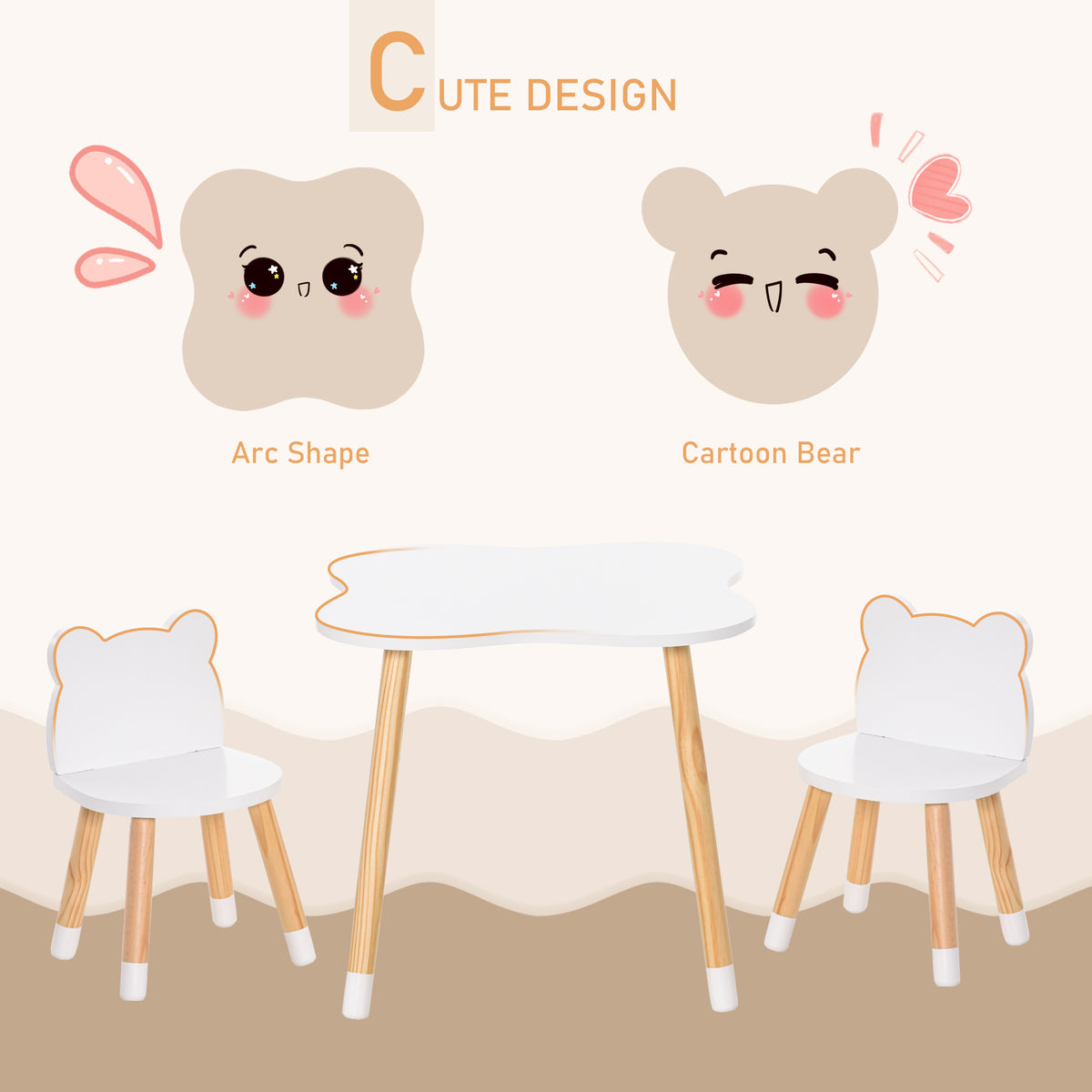 Qaba Kids Wooden Table and 2 Chairs Set, 3-Piece Dining Table with Bear Shape and Rounded Corners for 1-4 Years, White