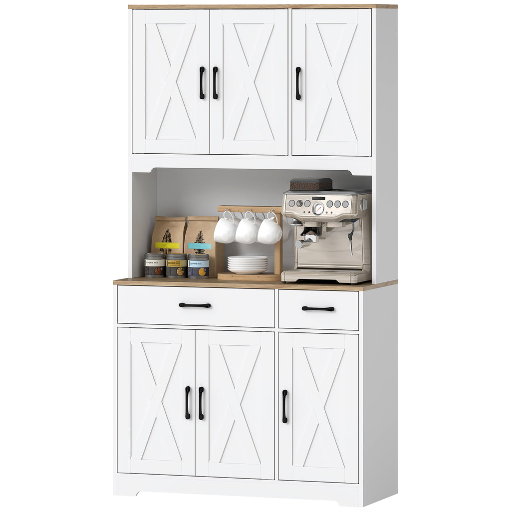 Tall Kitchen Pantry, 6 Doors, 2 Drawers, Adjustable Shelves & Worktop, Rustic Storage Cabinet for Living Room White