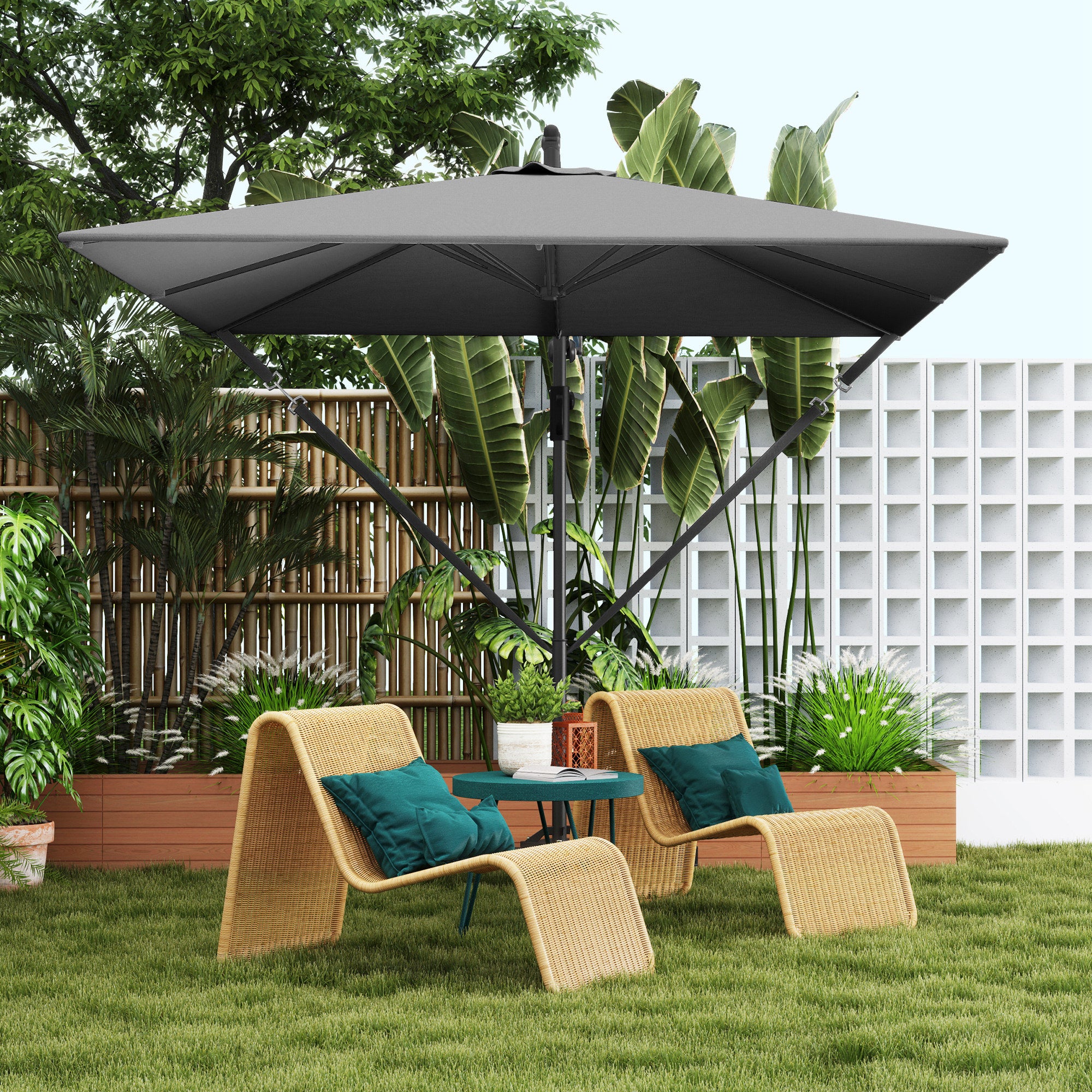 Patio Offset Umbrella UPF 50+ UV Protection, Crank Parasol with Base, Cover & Wind Securing, Khaki