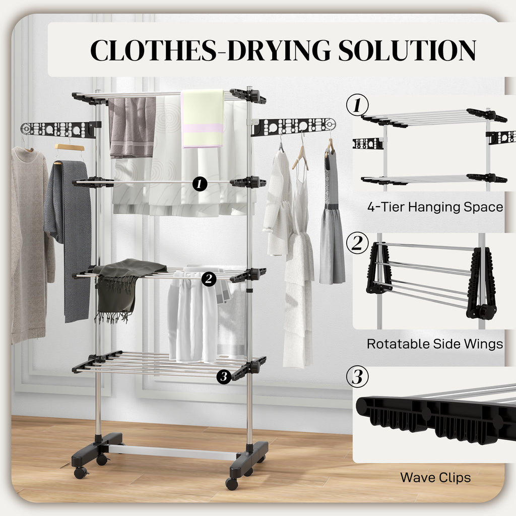 Garment Drying Rack Stainless Steel Folding Clothes Hanging Rack with Side Wings Castors for Indoor Outdoor White
