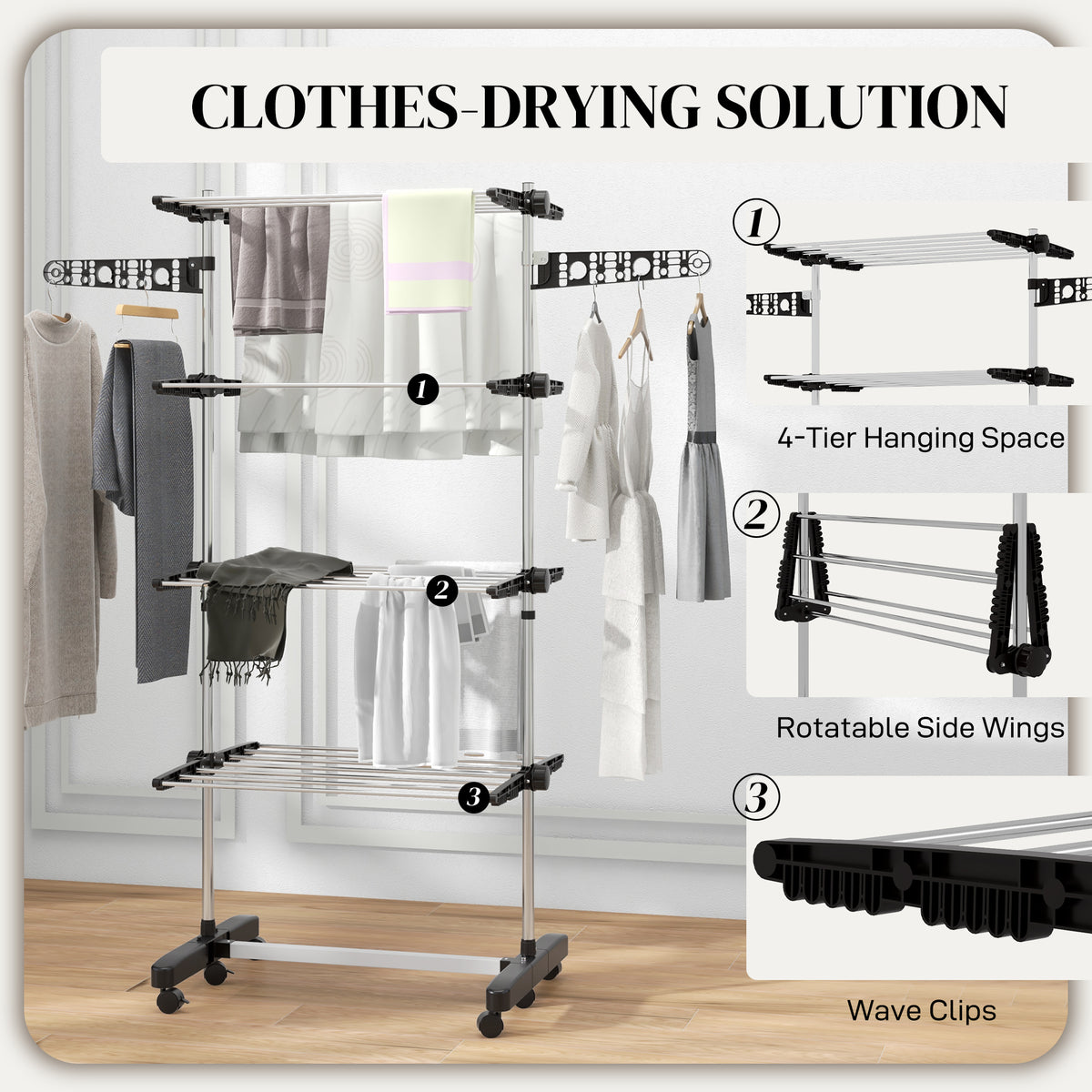 Garment Drying Rack Stainless Steel Folding Clothes Hanging Rack with Side Wings Castors for Indoor Outdoor White