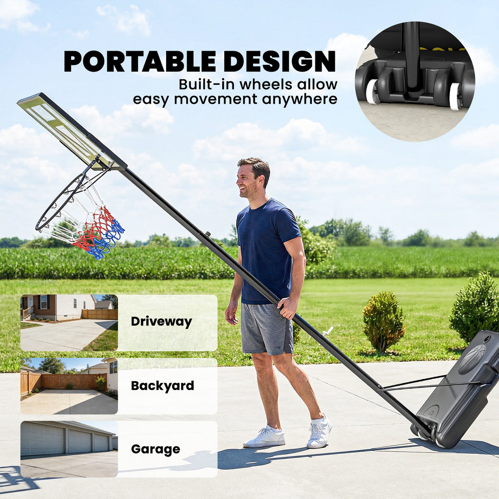 Soozier Basketball Hoop Stand Outdoor, 4.4–10 ft Single Hand Rotation Adjustable with Shatterproof Backboard & Weight Bag