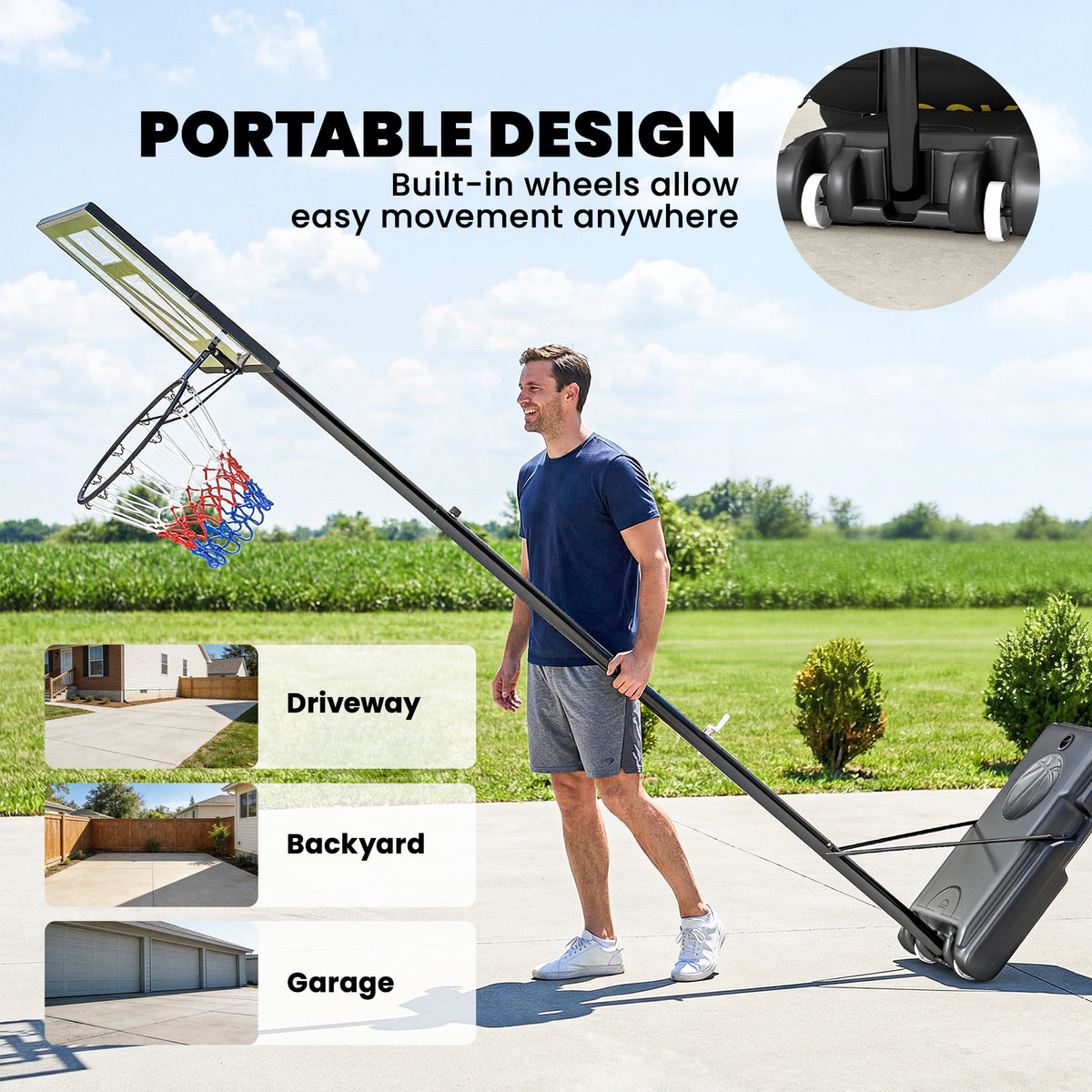 Soozier Basketball Hoop Stand Outdoor, 4.4–10 ft Single Hand Rotation Adjustable with Shatterproof Backboard & Weight Bag