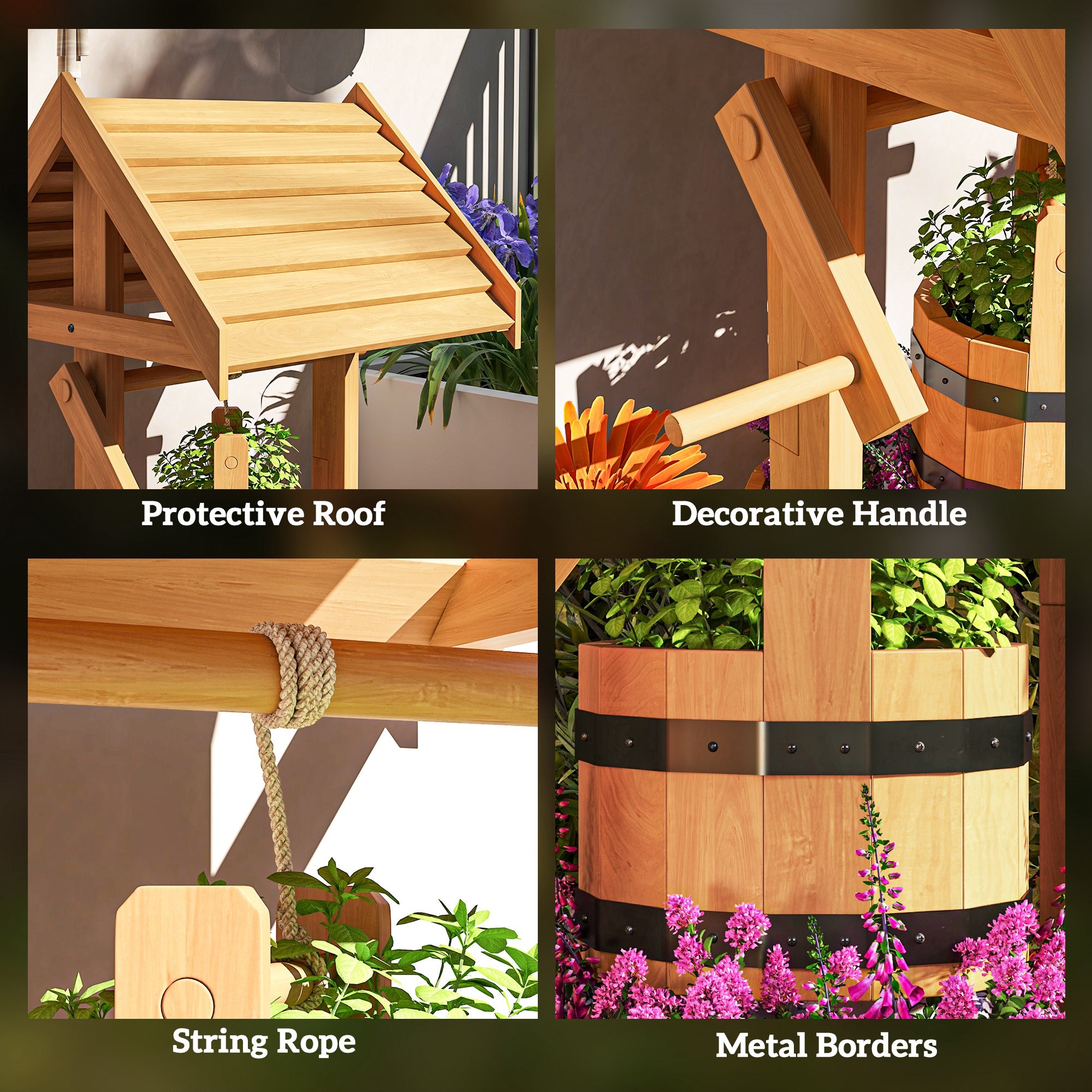 Wood Wishing Well Outdoor Wooden Planter with Hanging Bucket and Drainage Hole for Garden, Patio, Backyard, Orange