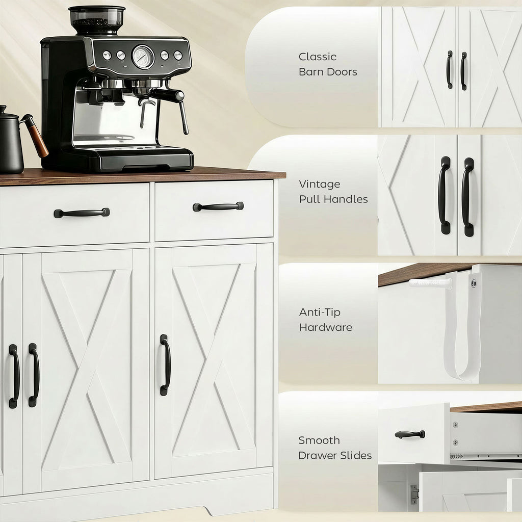 Sideboard Buffet Cabinet, 55" Farmhouse Kitchen Cabinet with 4 Barn Doors, 3 Drawers, 3 Adjustable Shelves, White