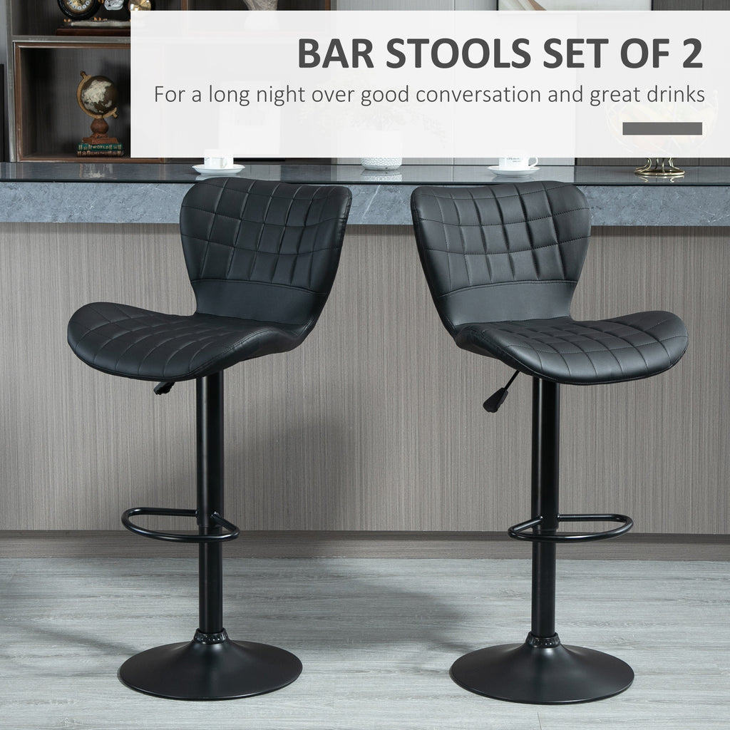 Bar Stools Set of 2, Adjustable Height Swivel Bar Chairs, PU Leather Upholstered Kitchen Counter Stools with Wide Seat, Back and Footrest, Black