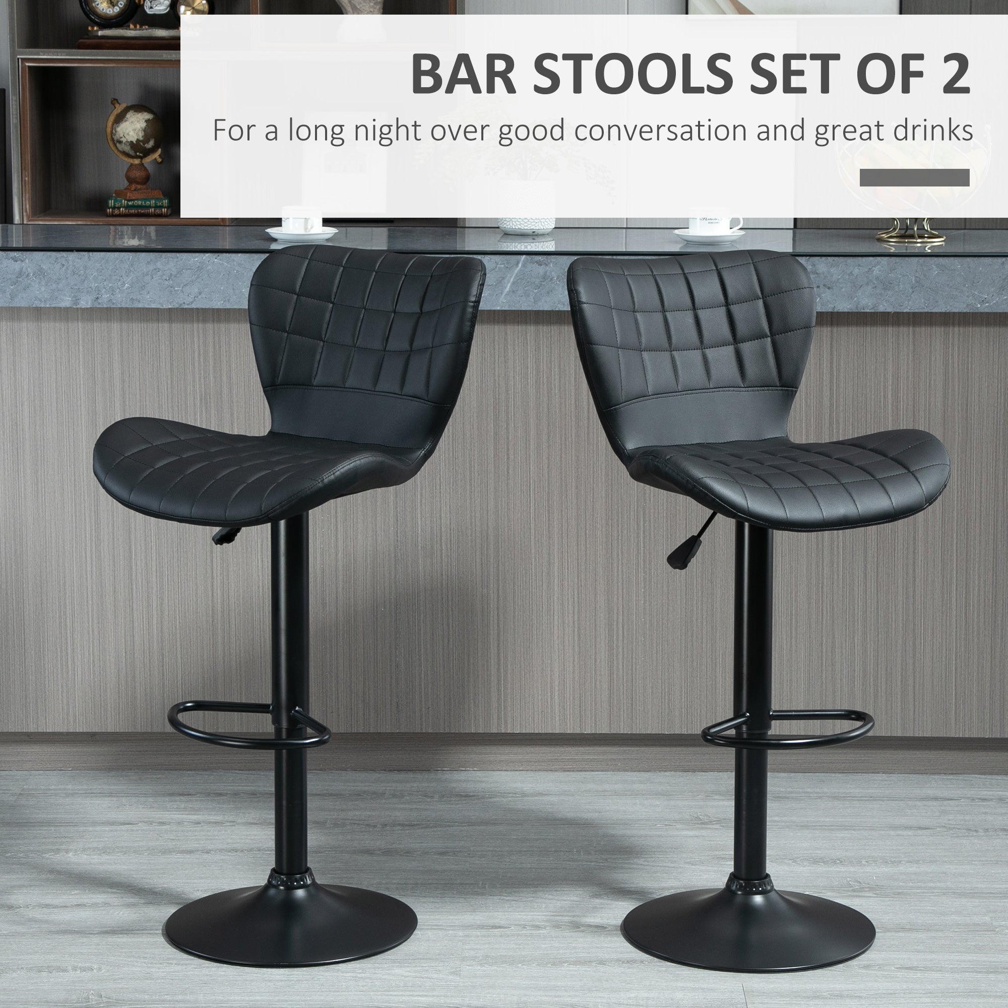 Bar Stools Set of 2, Adjustable Height Swivel Bar Chairs, PU Leather Upholstered Kitchen Counter Stools with Wide Seat, Back and Footrest, Black