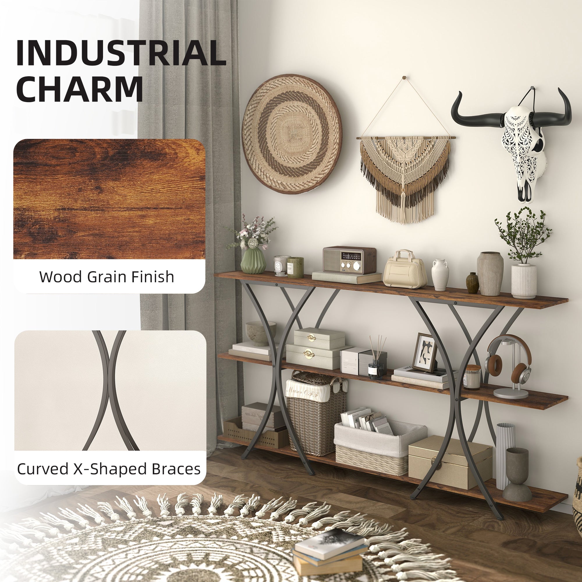 71" Console Table, 3-Tier Industrial Entryway Table with 2 Storage Shelves for Living Room, Hallway, Rustic Brown