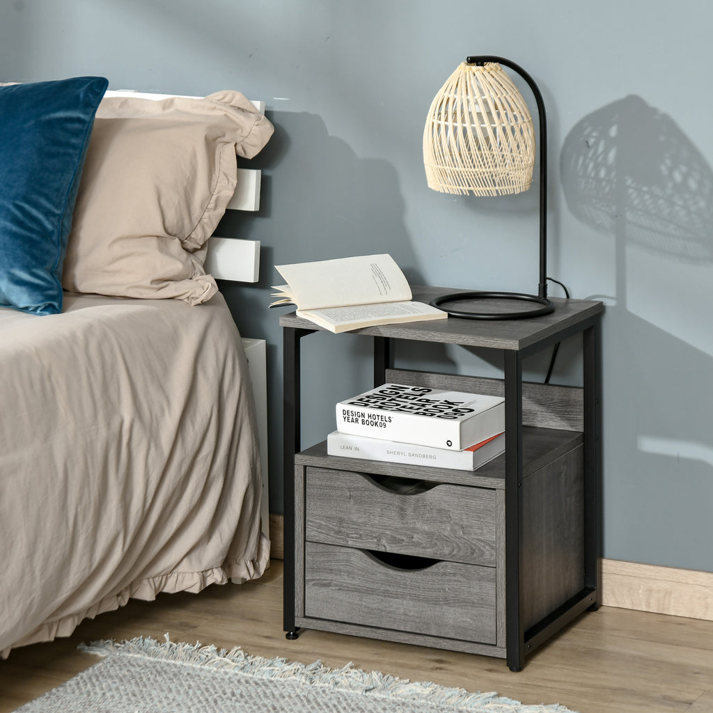 Nightstand with 2 Drawers, Industrial Side Table with Storage Shelf, Accent End Table for Bedroom, Living Room, Grey