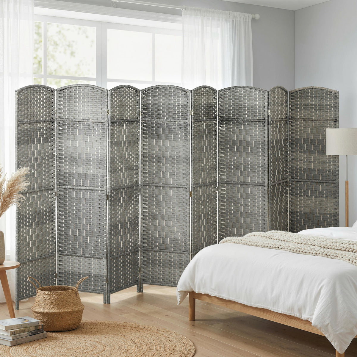 6 Ft Tall Folding Room Divider, 3 Panel Portable Privacy Screen, Hand-Woven Partition Wall Divider, Mixed Grey