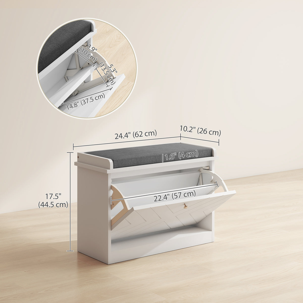 Shoe Storage with Seat, Upholstered Hallway Bench, Shoe Bench with Flip Drawer, Adjustable Shelf for 4-6 Pairs of Shoes